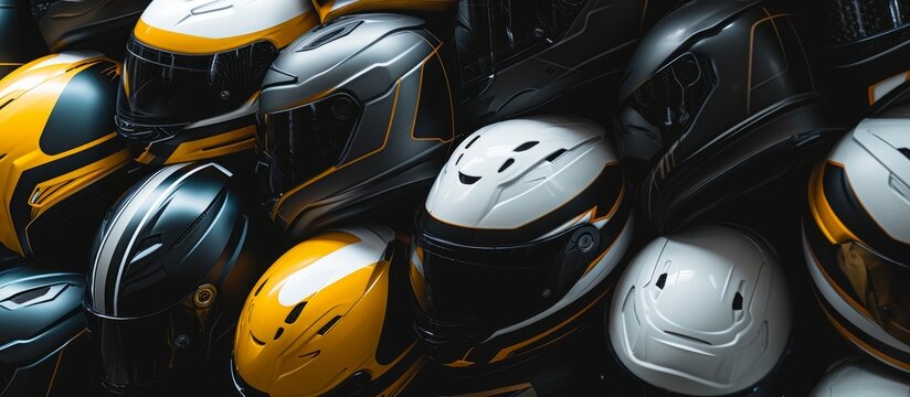 Stack of Black, White, and Yellow Helmets Forms a Striking Image