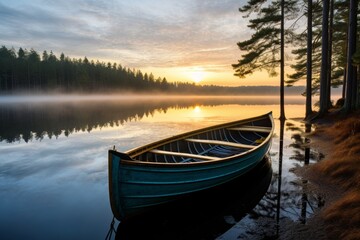 Tranquil wooden boat reflection on peaceful lake at dawn, capturing the beauty of serene nature