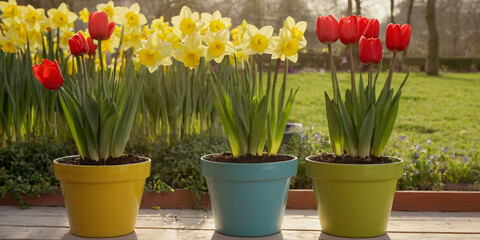 Fresh spring flowers in pots before planting in a flowerbed, against the backdrop of a spring garden.