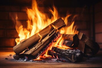 Close-up view of cozy rustic fireplace with burning firewood creating warm ambiance