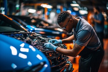 Automotive engineer utilizing advanced technology at futuristic car assembly line