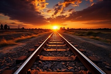 Breathtaking railway track vanishing into the mesmerizing sunset on the vast horizon