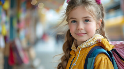 Fototapeta premium Portrait of a beautiful little girl with backpack on the street.