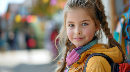 Adorable little girl with backpack outdoors on autumn day, closeup