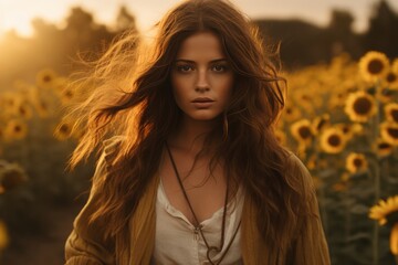 Beautiful brunette woman running through sunflower field to meet the setting sun