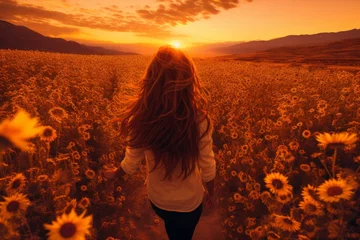 Tuinposter Beautiful girl with brown hair running through sunflower field towards the setting sun © Mikki Orso