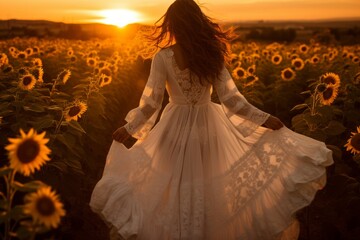 Brown-haired girl running through blooming sunflower field towards the setting sun