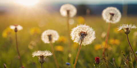 A serene field of dandelions basks in the golden hour sunlight, showcasing nature’s quiet beauty. The delicate seeds are ready to embark on a wind-driven journey.