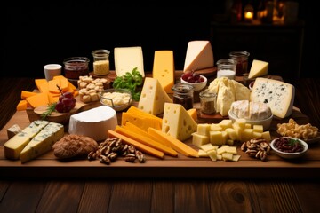 Fototapeta na wymiar Mouthwatering assortment of different cheese types, elegantly displayed on a rustic wooden table