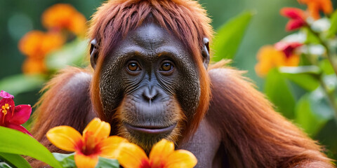 Obraz premium A baby orangutan among tropical flowers against the background of a green jungle.