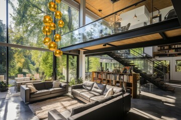 Contemporary living room with abundant natural light, vibrant color scheme, and modern furniture arrangement
