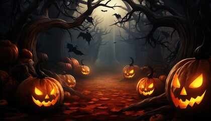 Halloween background filled with scary trees and pumpkins
