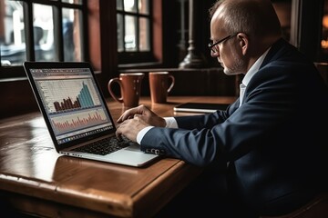 Businessman using laptop and analyzing chart on screen with hand on table, technology