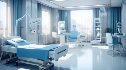 3d Beds and medical equipment stand out with soothing blue tones in the hospital room