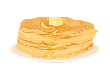 Breakfast food menu pancakes stack with melted butter on plate isolated on white background