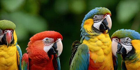Multi-colored tropical parrots against a background of green plants, close-up in front of the camera.