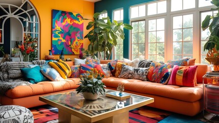 Eclectic Boho-Chic: Artistic Living Room with Diverse Textures and Colors - obrazy, fototapety, plakaty