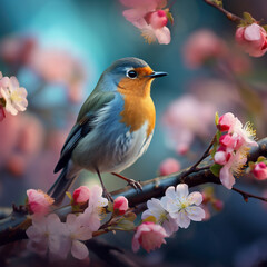 Fototapeta premium Robin bird on a branch of a blossoming tree with pink flowers