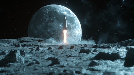 Rocket going to the moon, symbolizing crypto market bull run and traders wishes - obrazy, fototapety, plakaty