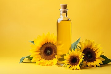 Freshly harvested sunflower seeds and a bottle of pure sunflower oil on a soft yellow background