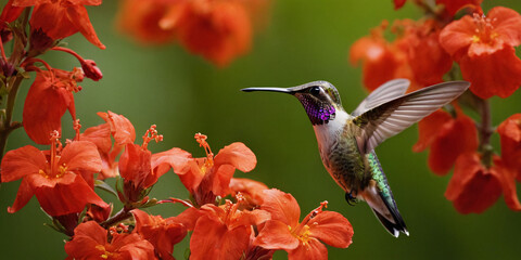 Fototapeta premium A hummingbird flutters over a tropical flower in search of nectar.