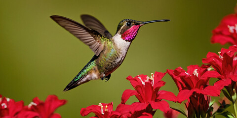 A hummingbird flutters over a tropical flower in search of nectar.