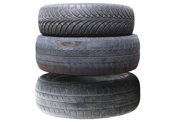 old worn damaged tires isolated on white background - 733447244