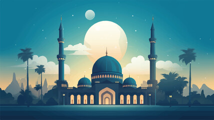 Islamic mosque building flat vector illustration. - obrazy, fototapety, plakaty