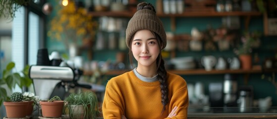 Portrait of a beautiful barista girl in a cafe bar. Startup successful small business owner beauty woman stand in coffee shop restaurant. Business concept