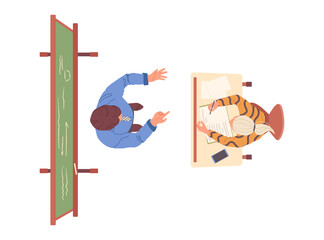 Tutor and teenage girl student characters overhead view, educational process vector illustration