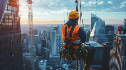 Safety body construction, Working at height equipment. Fall arrestor device for worker with hooks for safety body harness on the roof structure