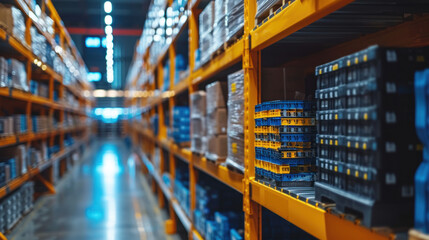 High-tech warehouse, close up shot, with a high level of electronics, equipped to store and sort goods