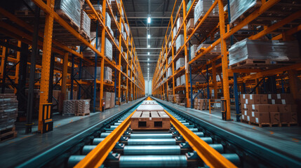 High-tech warehouse, close up shot, with a high level of electronics, equipped to store and sort goods