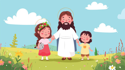 Fototapeta na wymiar Jesus holding hands with kids cartoon 2D vector.