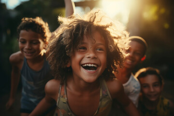 Joyful Children Playing Outdoors in Sunset Light