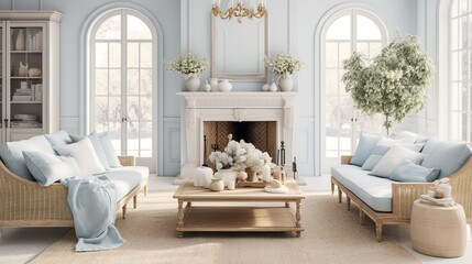 Fototapeta na wymiar Rustic Charm: French Country Living Room with Soft Pastels and Elegant Decor