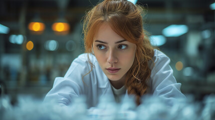 A young scientist with reddish hair looks intently through the mist of a laboratory environment, her focus indicative of deep concentration and the pursuit of discovery