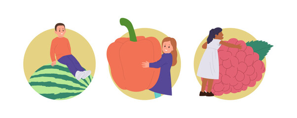 Happy little children cartoon characters with giant fruits, vegetables and berries round composition