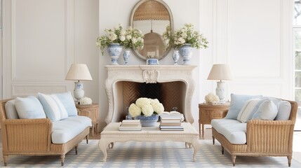 Rustic Charm: French Country Living Room with Soft Pastels and Elegant Decor