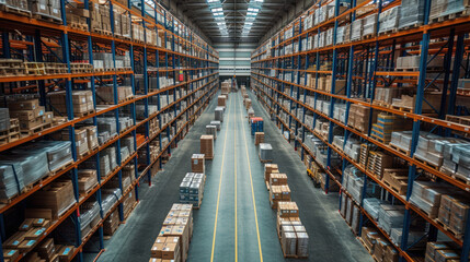 High-tech warehouse, close up shot, with a high level of electronics, equipped to store and sort goods