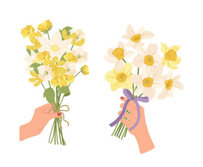 Spring flower in hands with yellow blossoms in bunch for romantic holiday congratulation set