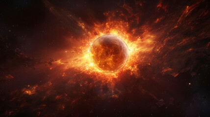 Obraz na płótnie Canvas Fiery Space Explosion with Planet and Debris