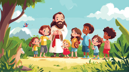 Obraz na płótnie Canvas Jesus leads kids to church cartoon 2D vector.