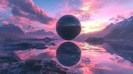 A mystical surreal sphere levitates over the water