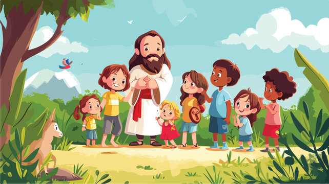 Jesus leads kids to church cartoon 2D vector.