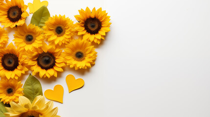 Sunflowers and hearts as a sign of love, white background, text space