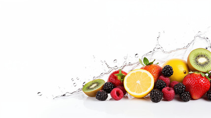 various fresh fruits with waterdrops white background, text space