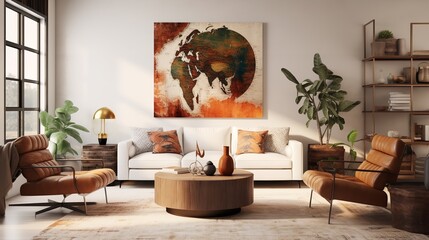 Worldly Charm: Global Nomad Living Room with Cultured Decor and Artifacts