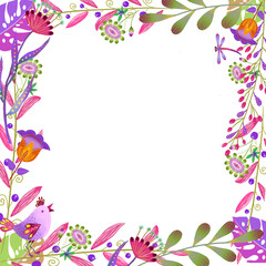 Frame of pink and green flat flowers ,cartoon bird ,Dragonfly,flowers 