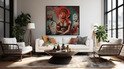Worldly Charm: Global Nomad Living Room with Cultured Decor and Artifacts